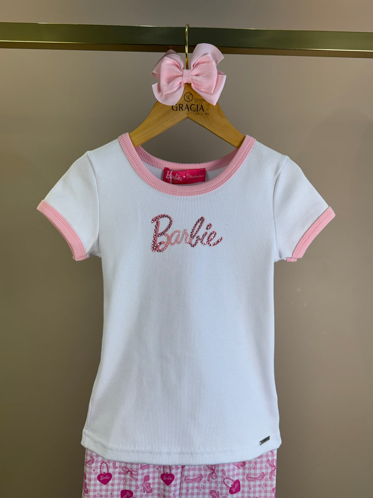 Conjunto Infantil Blusa Barbie Strass Branca e Calça Legging Barbie Rosa Xadrez - Pituchinhus