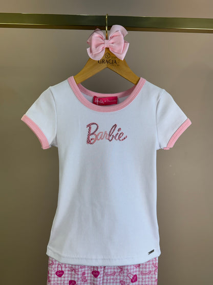 Conjunto Infantil Blusa Barbie Strass Branca e Calça Legging Barbie Rosa Xadrez - Pituchinhus