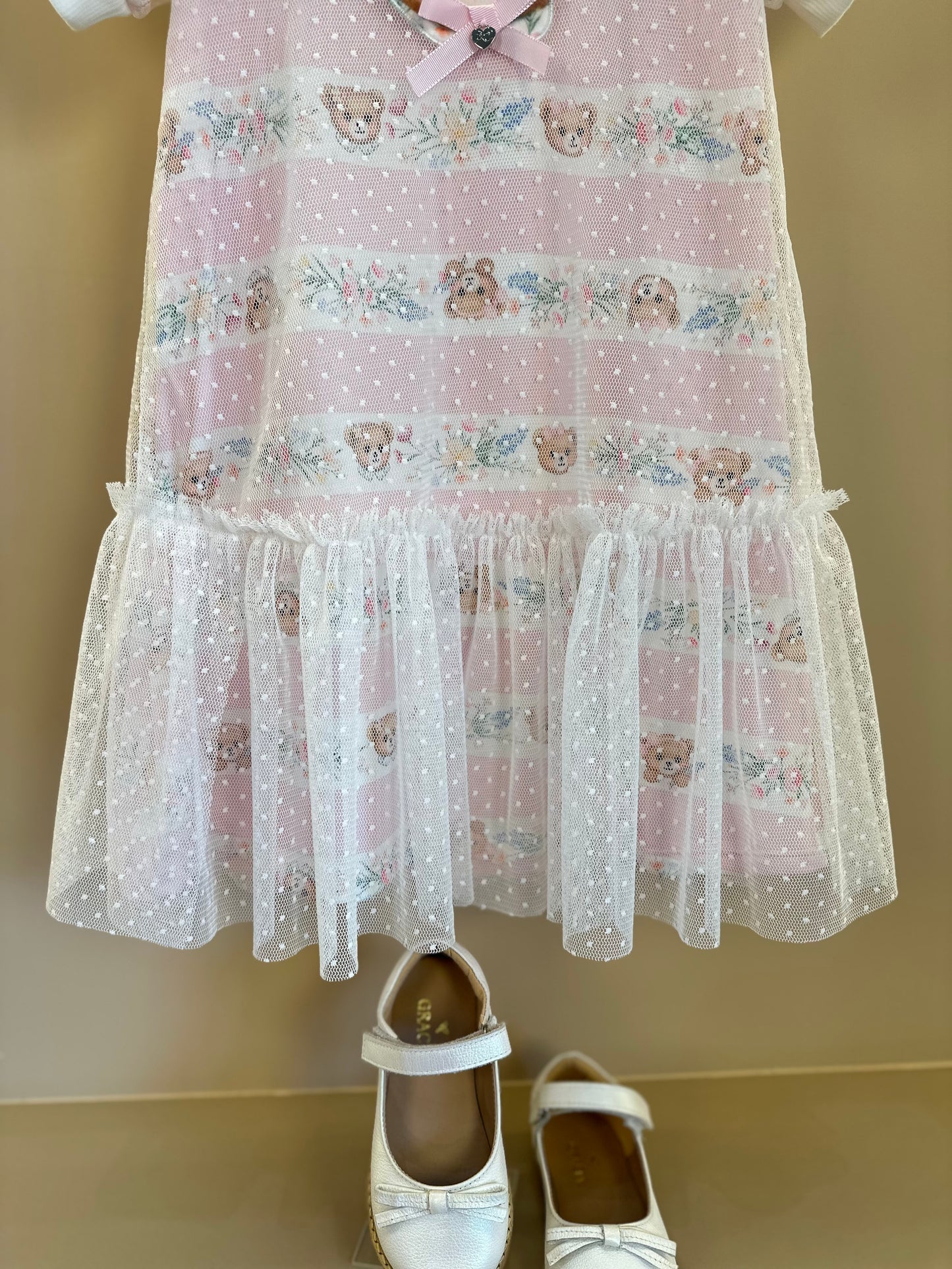 Vestido Infantil Trapézio Tule Poá Ursinha Bordado Lacinho Rosa - Petit Cherie