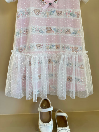 Vestido Infantil Trapézio Tule Poá Ursinha Bordado Lacinho Rosa - Petit Cherie