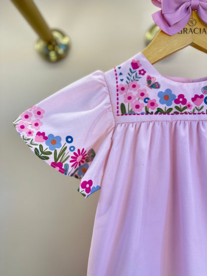 Vestido Infantil Trapézio Flores e Babado Rosa - Mon Sucré