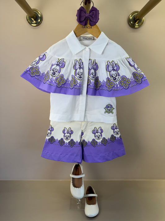 Conjunto Infantil Camisa Gola Clássica Capa Minnie Florais e Shorts Sarja Minnie Florais Detalhes Lilás - Animê
