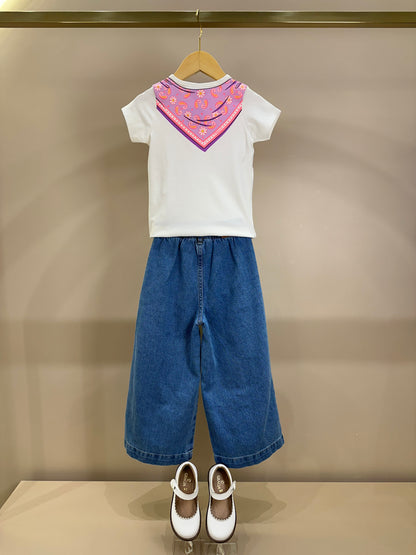 Conjunto Infantil Blusa Lenço Estampado Amarrado Na Gola e Calça Jeans Wide Leg Cós Alto Com Elástico - Momi