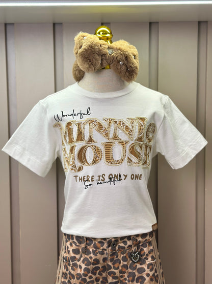 Conjunto Infantil Blusa Minnie Paisley Dourada e Calça Sarja Animal Print - Animê
