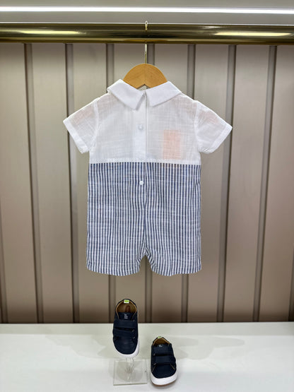 Romper Bebê Camisaria Algodão Cambraia e Fio Tinto Gola e Lapela Marinho - Um Mais Um