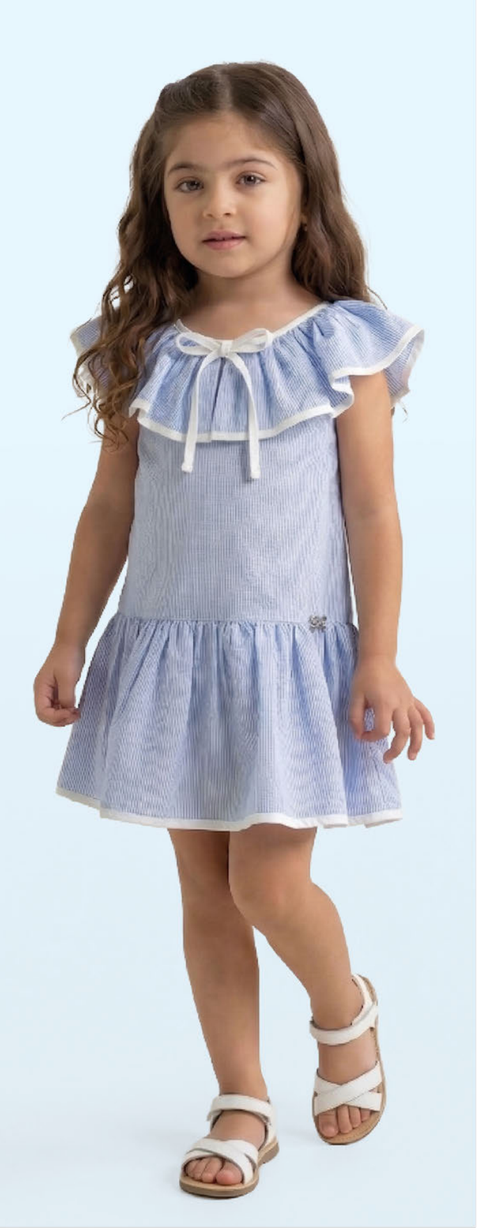 Vestido Infantil Trapezio Listrado com Babados e Franzidos - Luluzinha