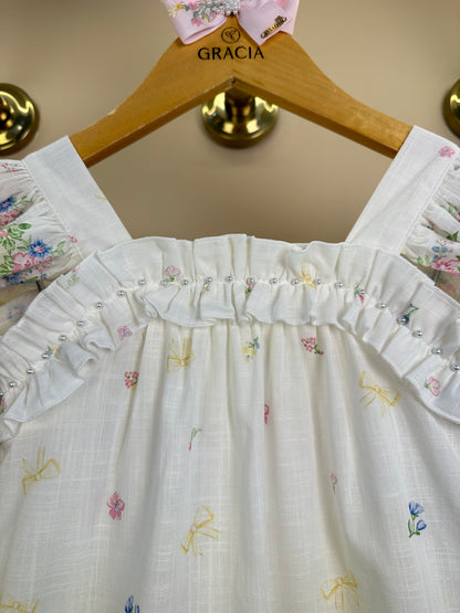 Vestido Infantil Estampa Delicada Flores Alças Babadinho- Petit Cherie
