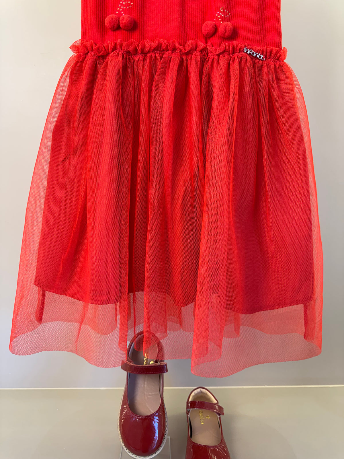 Vestido Infantil Liz Vermelho Com Cereja e Saia Em Tule - Infanti