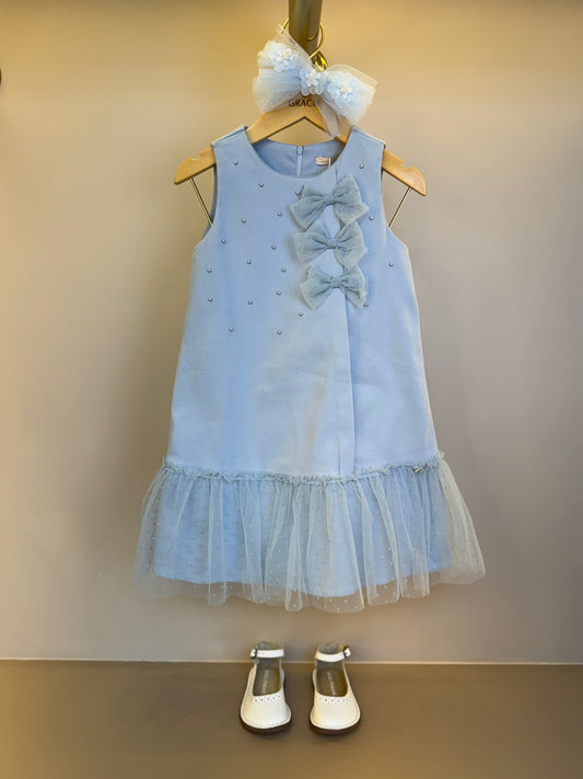 Salopete Infantil Sarja Pérolas Lacinhos e Barra Tule Azul Céu - Petit Cherie