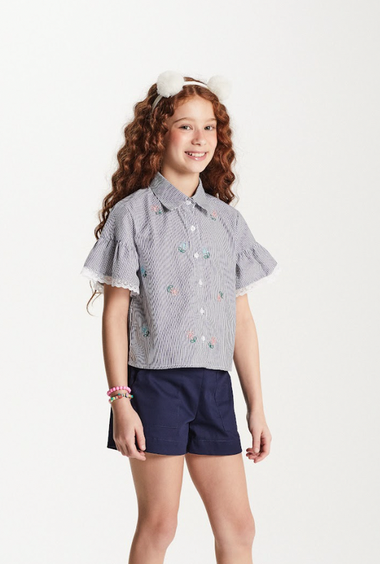 Conjunto Infantil Camisa Listrada Bordada e Shorts Sarja Marinho - Um Mais Um