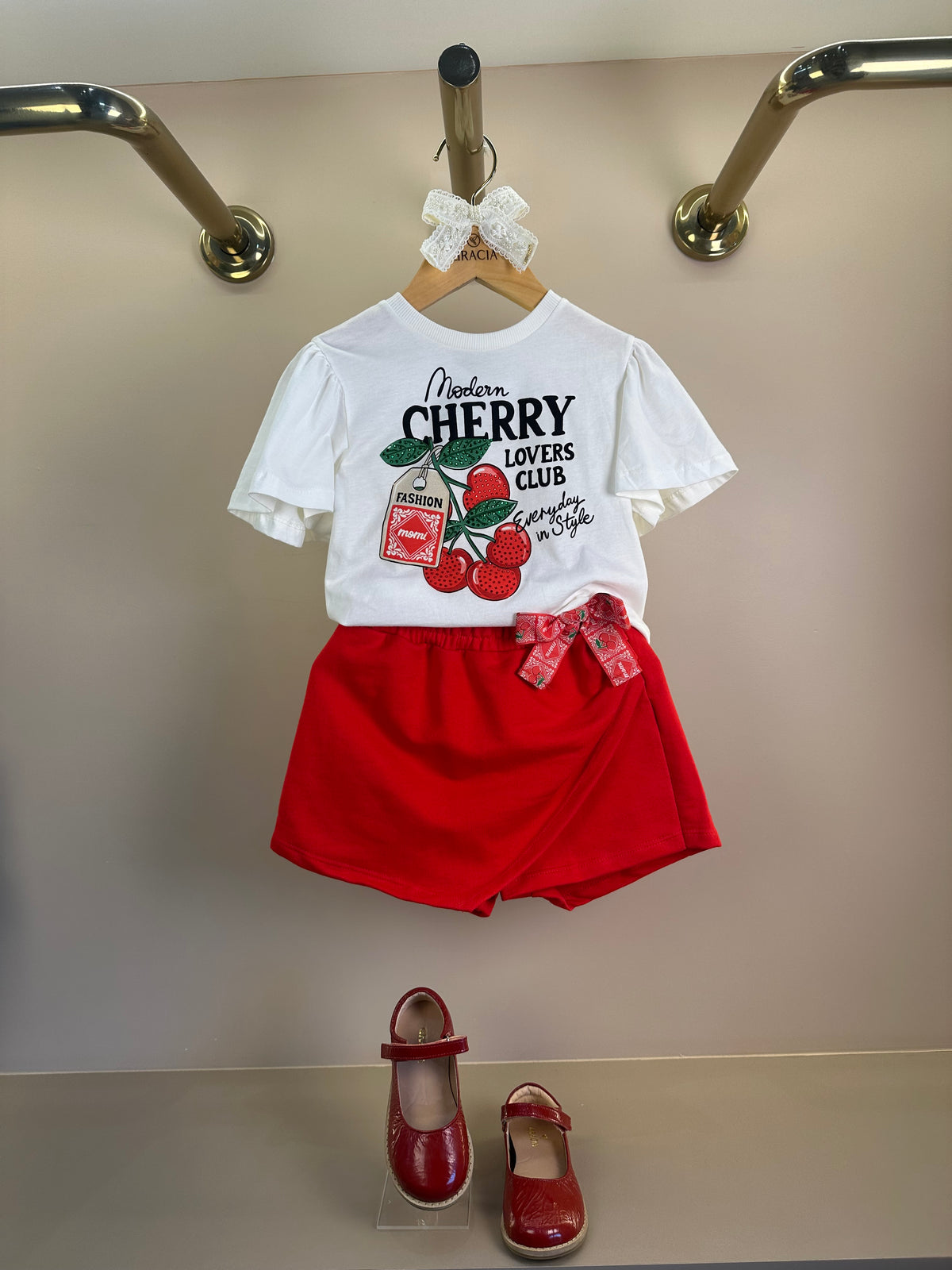Conjunto Infantil Blusa Cherry e Shorts Saia Laço Lateral - Momi