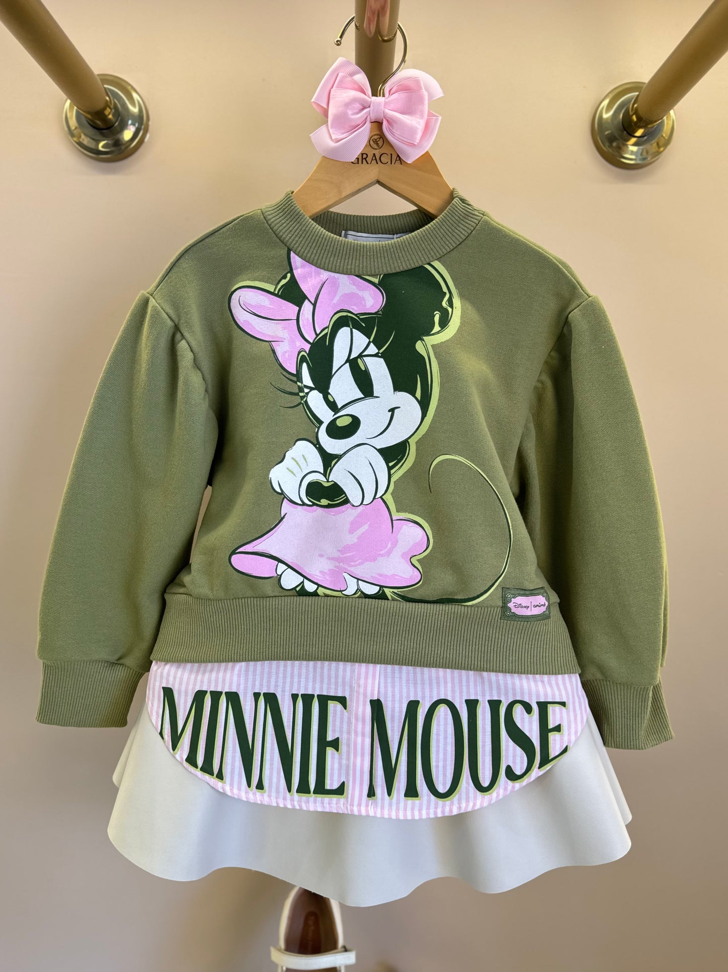 Conjunto Infantil Casaco Minnie Mouse Verde Forest e Saia Couro Tech Bege Vanilla - Animê