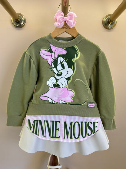 Conjunto Infantil Casaco Minnie Mouse Verde Forest e Saia Couro Tech Bege Vanilla - Animê