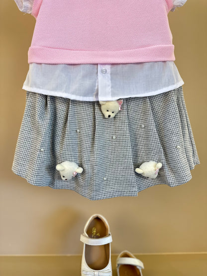 Conjunto Infantil Blusa MC com Tricot Rosa e Saia Pregas Ursinhos - Gabriela Aquarela