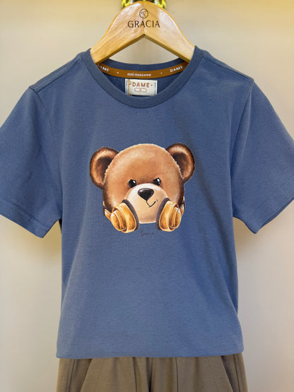 Conjunto Infantil Camiseta Algodão Teddy Fone Denim e Bermuda Suedine Elastano Bolsos - Dame