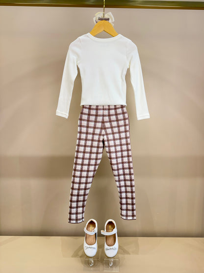 Conjunto Infantil Blusa Off White Cavalinho Cristal E Legging Tricot Xadrez Marrom - Pituchinhus