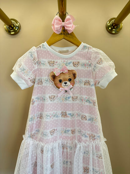 Vestido Infantil Trapézio Tule Poá Ursinha Bordado Lacinho Rosa - Petit Cherie