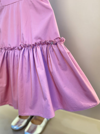Vestido Infantil Algodão Laço Strass Ombro Rosé - Petit Cherie
