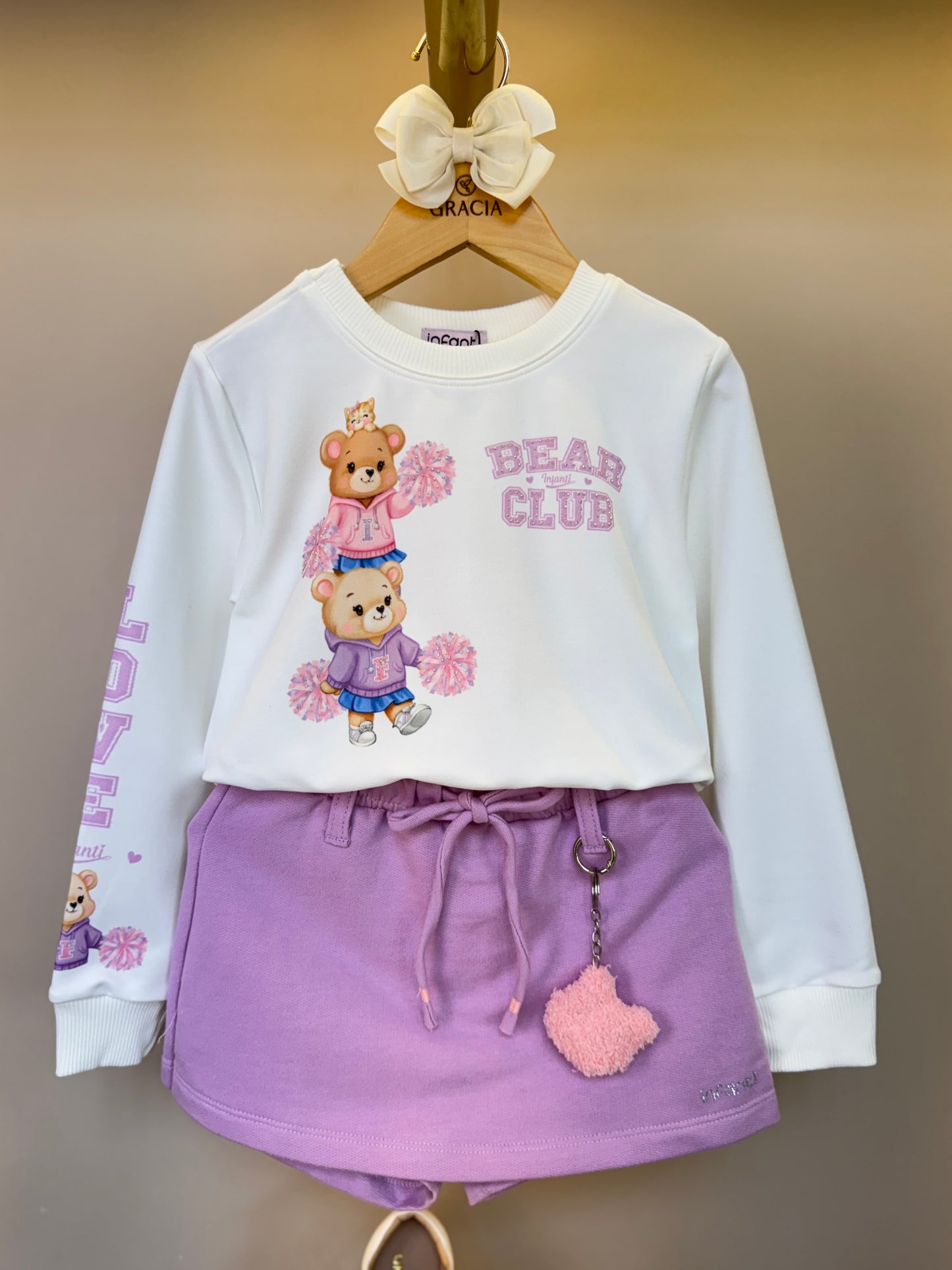 Conjunto Infantil Blusa Body ML Bear Club e Shorts-saia Lilás - Infanti
