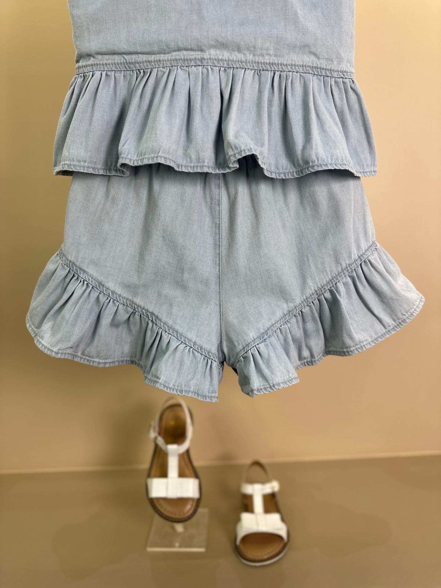 Conjunto Infantil Camisa Regata Jeans Fino Babado Patche e Short Jeans Fino Ursinha com Babado Patche - Pituchinhus