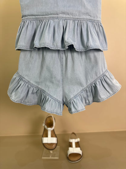 Conjunto Infantil Camisa Regata Jeans Fino Babado Patche e Short Jeans Fino Ursinha com Babado Patche - Pituchinhus