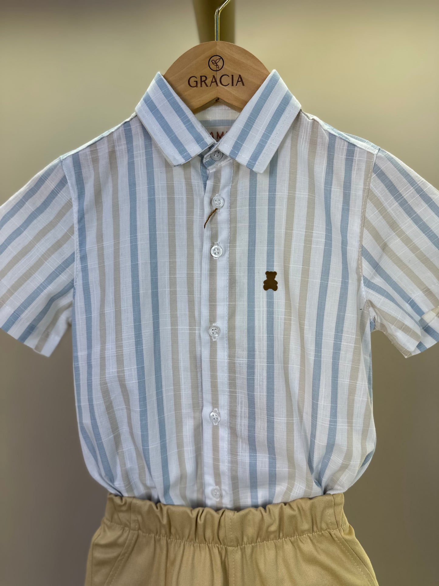 Conjunto Bebê Camisa-body Algodão Listras Azul/Amarelo e Bermuda Social Bege - Dame