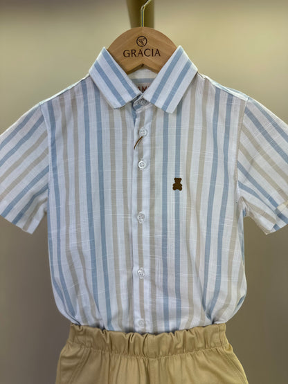 Conjunto Bebê Camisa-body Algodão Listras Azul/Amarelo e Bermuda Social Bege - Dame