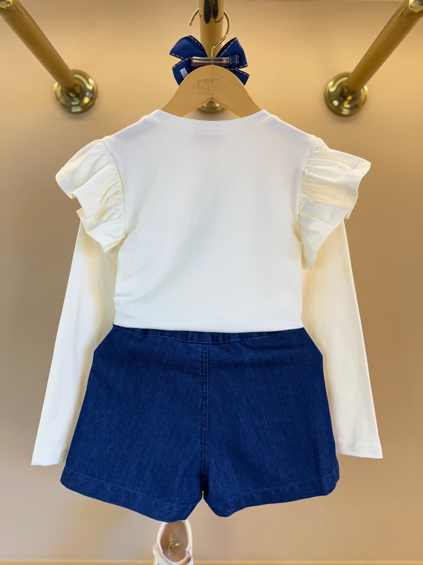 Conjunto Infantil Trio Blusa Gola Laise Removível, Camisa Jeans Leve ML Gola Bordada e Shorts-Saia Jeans Bordada Flores - Luluzinha