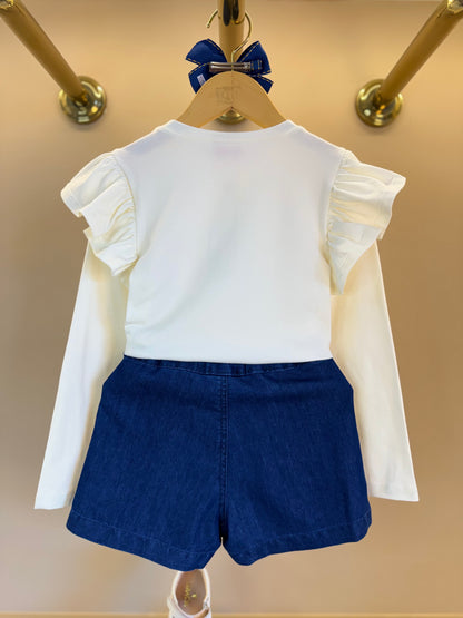 Conjunto Infantil Trio Blusa Gola Laise Removível, Camisa Jeans Leve ML Gola Bordada e Shorts-Saia Jeans Bordada Flores - Luluzinha