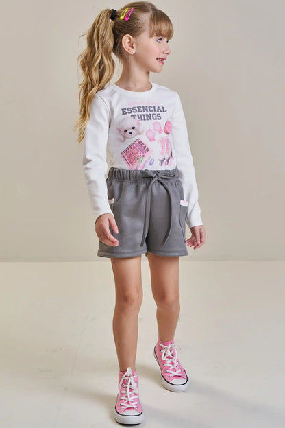 Conjunto Infantil Blusa ML Essential Things e Shorts Cinza Claro - Infanti