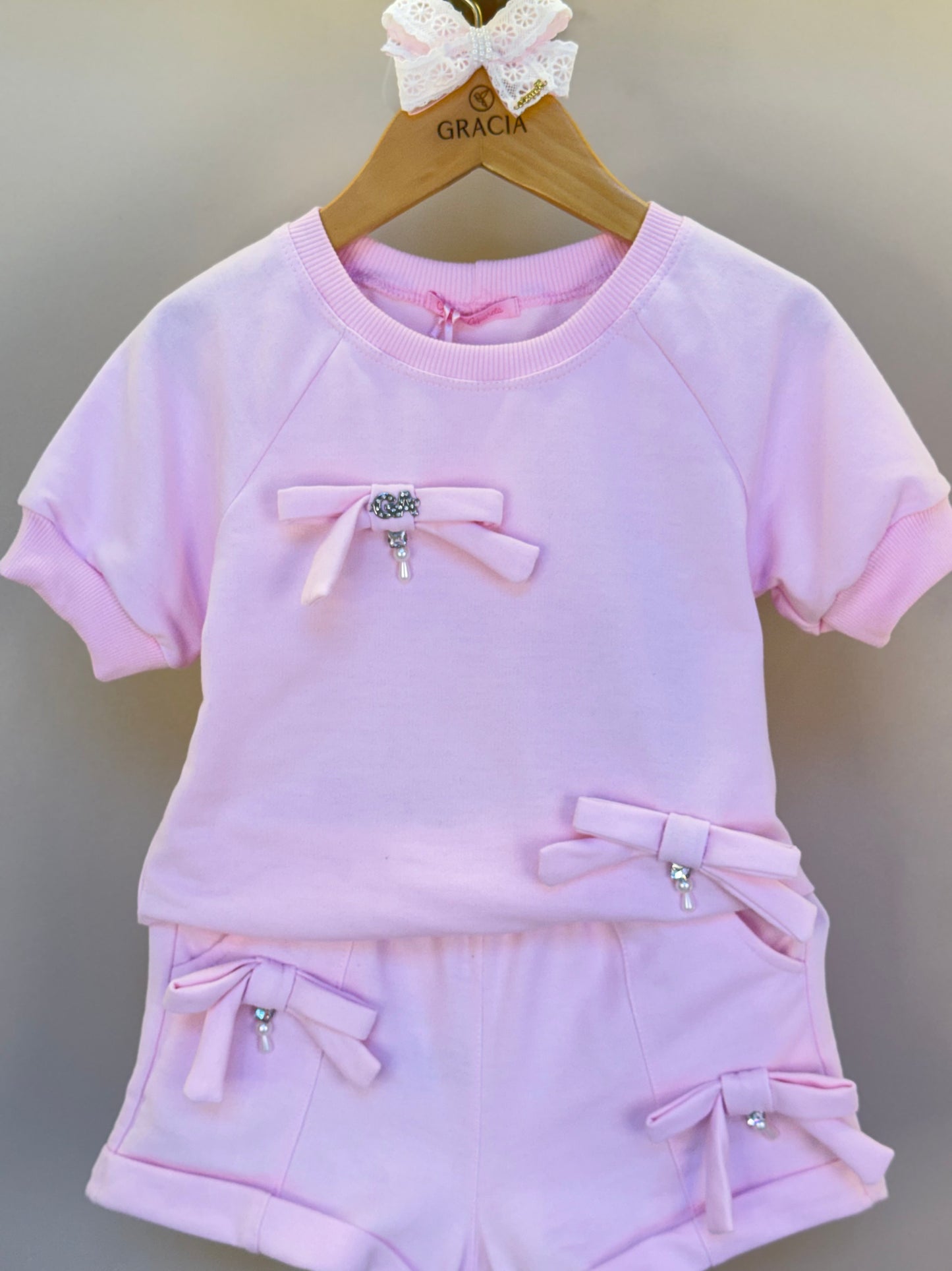 Conjunto Infantil Blusa e Shorts Comfy com Laços Rosa - Gabriela Aquarela