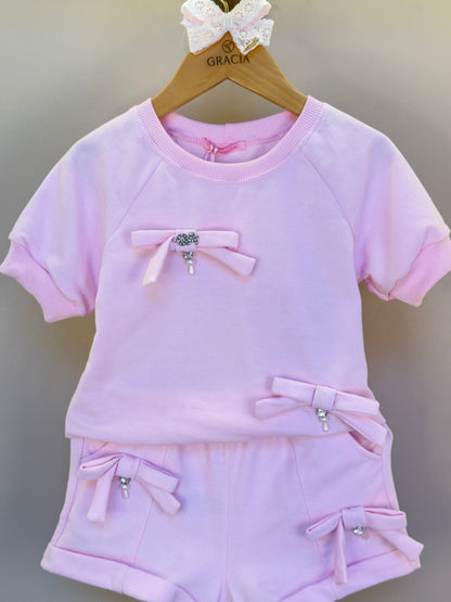 Conjunto Infantil Blusa e Shorts Comfy com Laços Rosa - Gabriela Aquarela