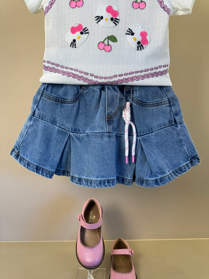 Conjunto Infantil Blusa Hello Kitty Bordado e Saia Jeans Pregas Com Pingente - Momi