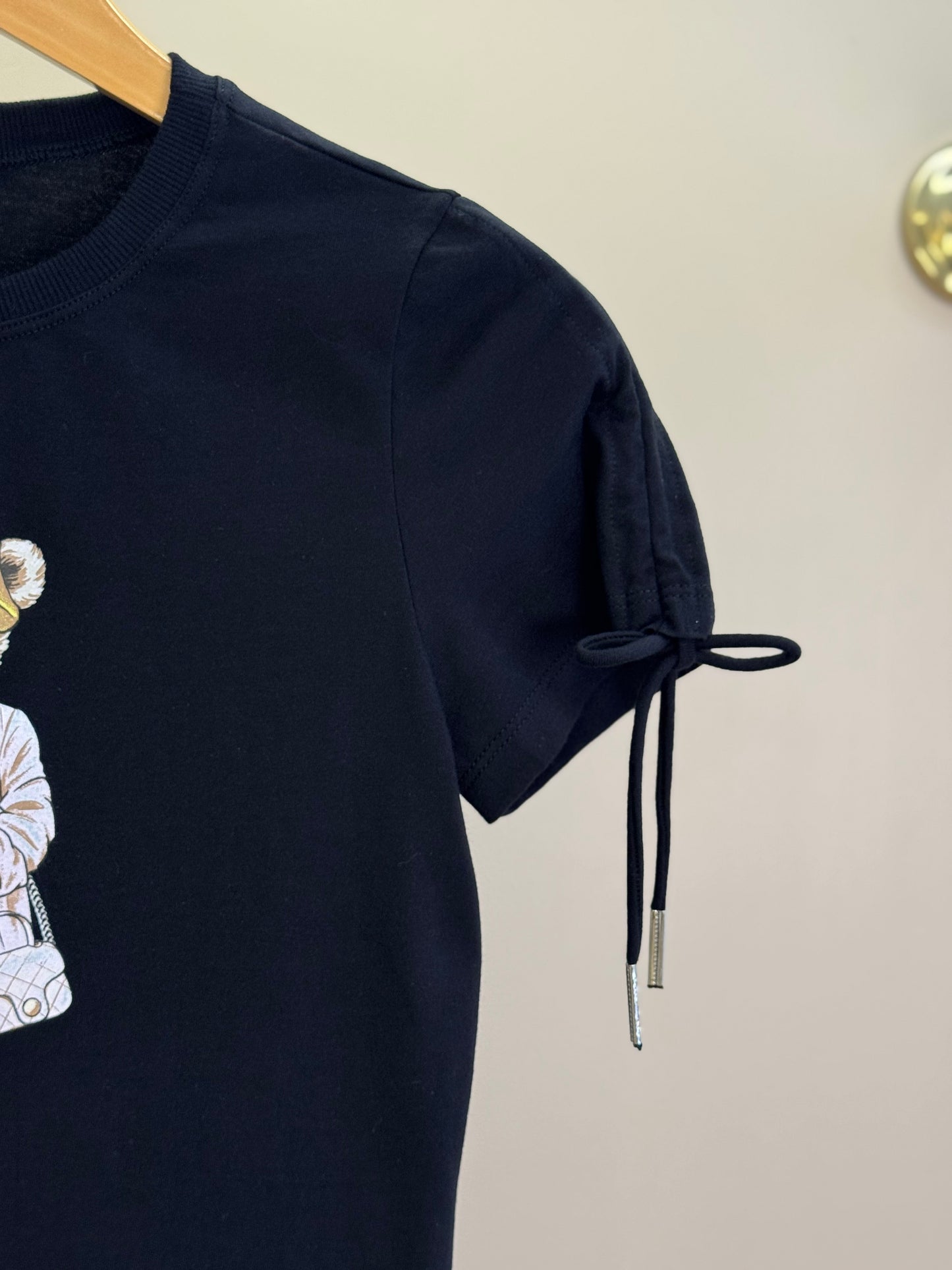 Camiseta Teen Baby Look Ursinho Amarração Mangas Preta - Two In