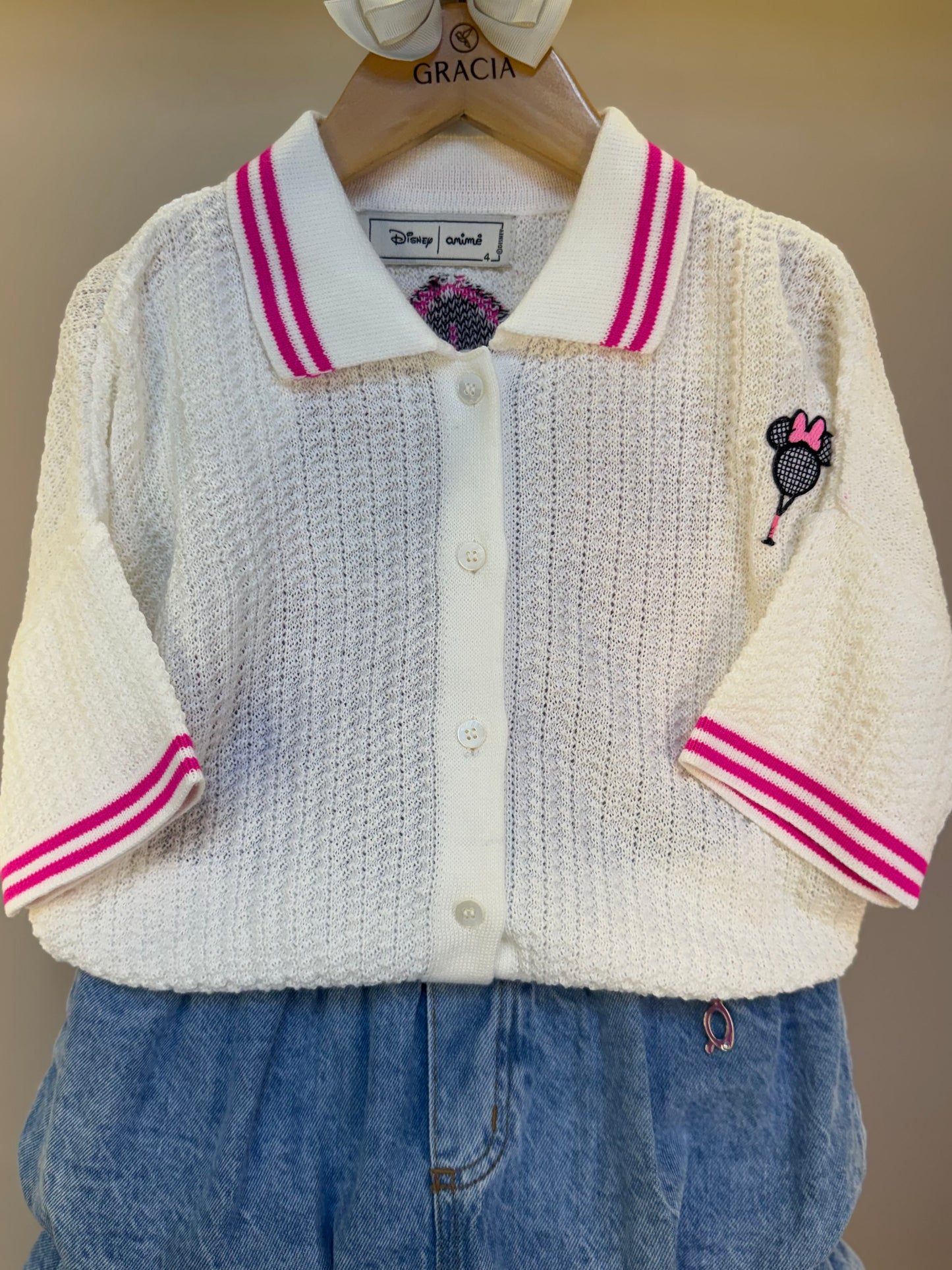 Conjunto Infantil Blusa Tricot Minnie Tennista e Saia Jeans Balonê - Animê