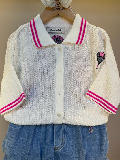Conjunto Infantil Blusa Tricot Minnie Tennista e Saia Jeans Balonê - Animê