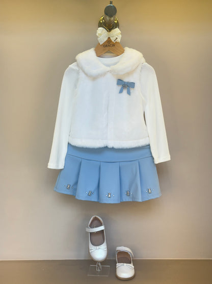 Conjunto infantil Blusa com Colete e Saia Like Leather Azul - Gabriela Aquarela
