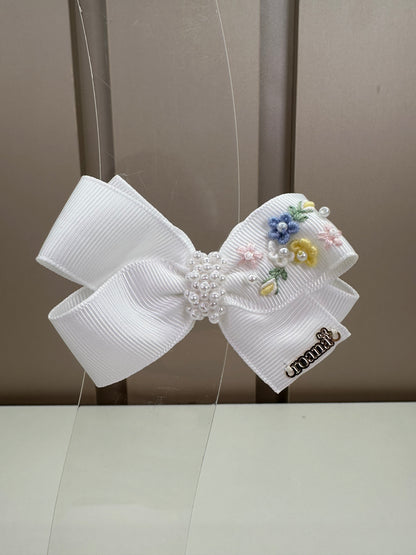 Presilha Infantil Laço Duplo Luxo Bordado Flores Branco - Roana