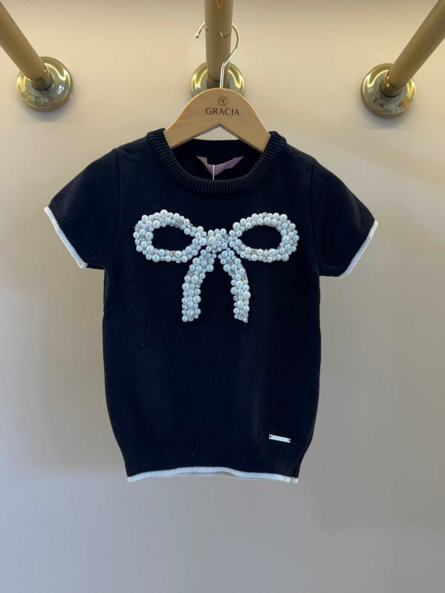 Blusa Infantil Tricot Maxi Laço Bordado Pérolas e Cristais Preta - Pituchinhus