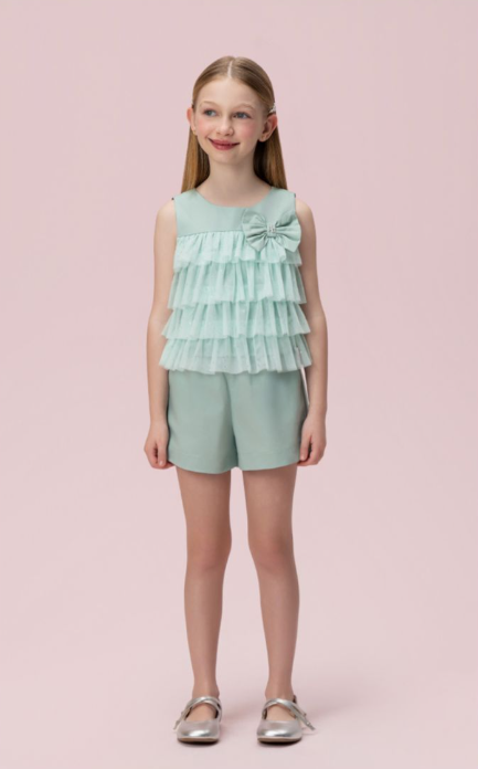 Conjunto Infantil Tricoline Blusa com Tule e Shorts - Petit Cherie