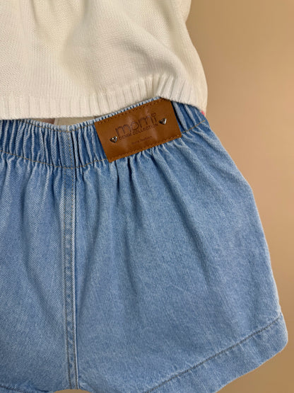 Conjunto Infantil Blusa Tricot Cerejas e Shorts Saia Jeans Com Pregas - Momi