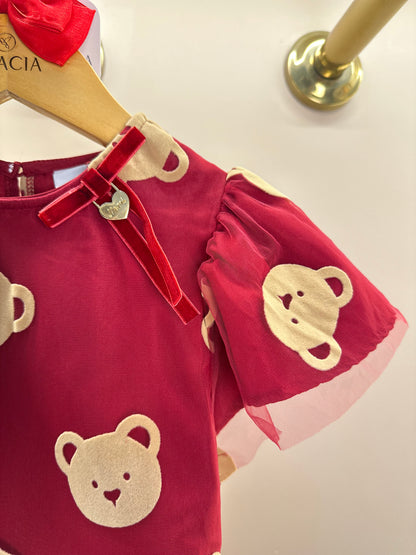 Vestido Infantil Tule Ursinhos Bordô - Momi