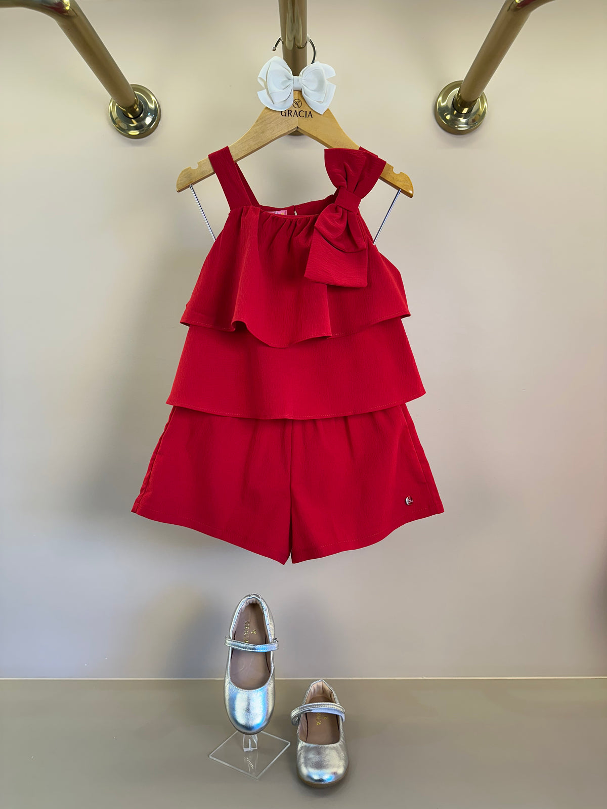 Conjunto Infantil Blusa Babado Laço Lateral e Shorts Vermelho - Mon Sucre