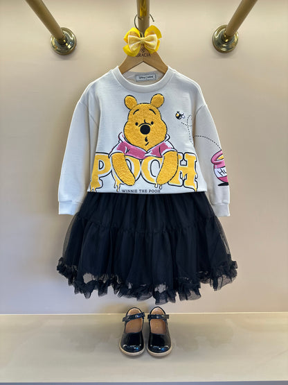 Conjunto Infantil Casacol Moletom Pooh Bege Vanilla e Saia Tule Preta - Animê Petite