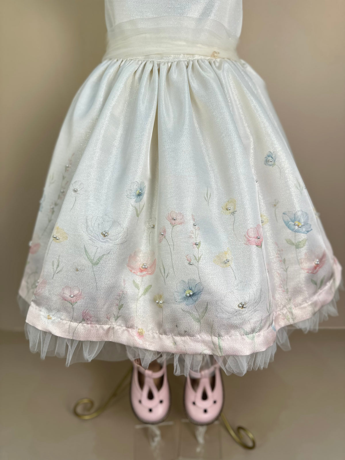 Vestido Infantil Festa Jacquard  Com Tule e Pérolas - Petit Cherie