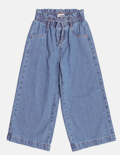 Conjunto Infantil Blusa Lenço Estampado Amarrado Na Gola e Calça Jeans Wide Leg Cós Alto Com Elástico - Momi