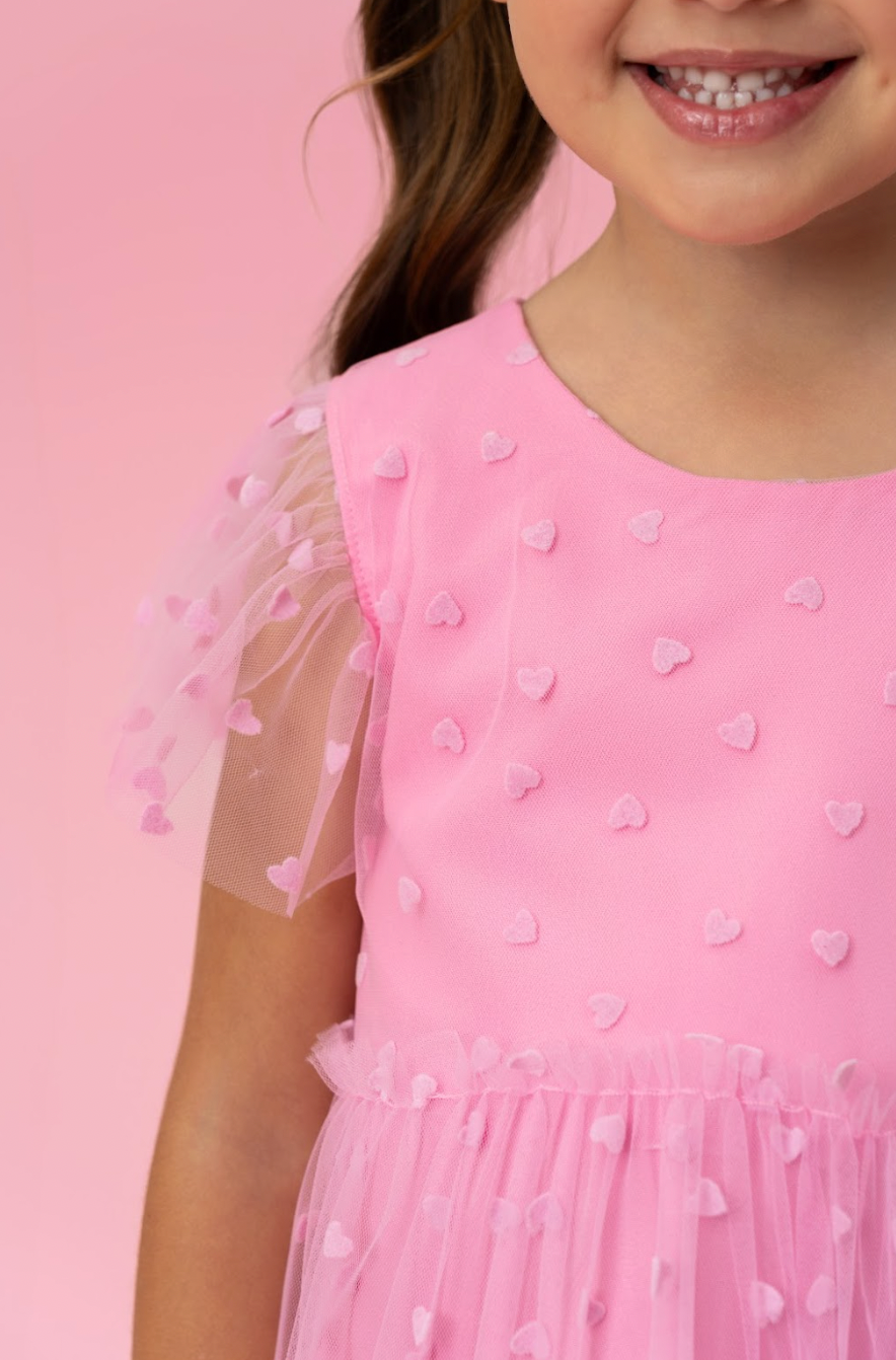 Vestido Infantil Trapézio Tule Corações Rosa Balé - Mon Sucré