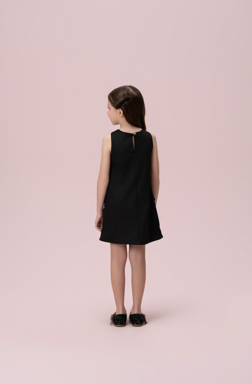 Vestido Infantil Trapézio Sarja Bolsos Tweed Paetê Preto - Petit Cherie