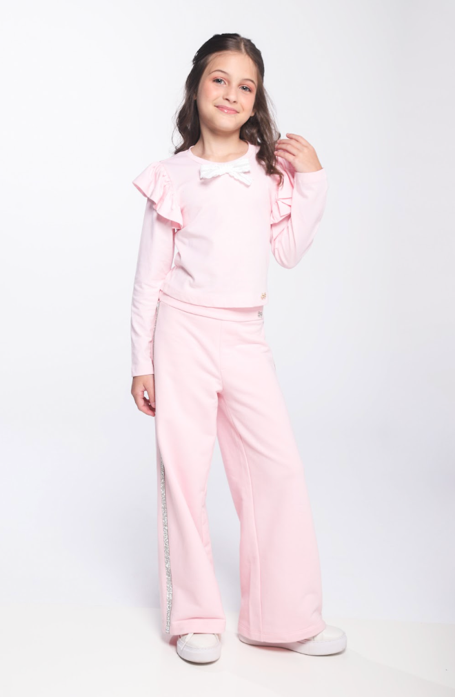 Conjunto Infantil Trio Blusa ML Laço, Casaco Strass e Calça Wide Leg com Glitter Lateral - Luluzinha