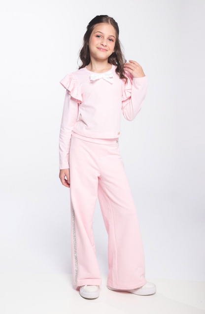 Conjunto Infantil Trio Blusa ML Laço, Casaco Strass e Calça Wide Leg com Glitter Lateral - Luluzinha